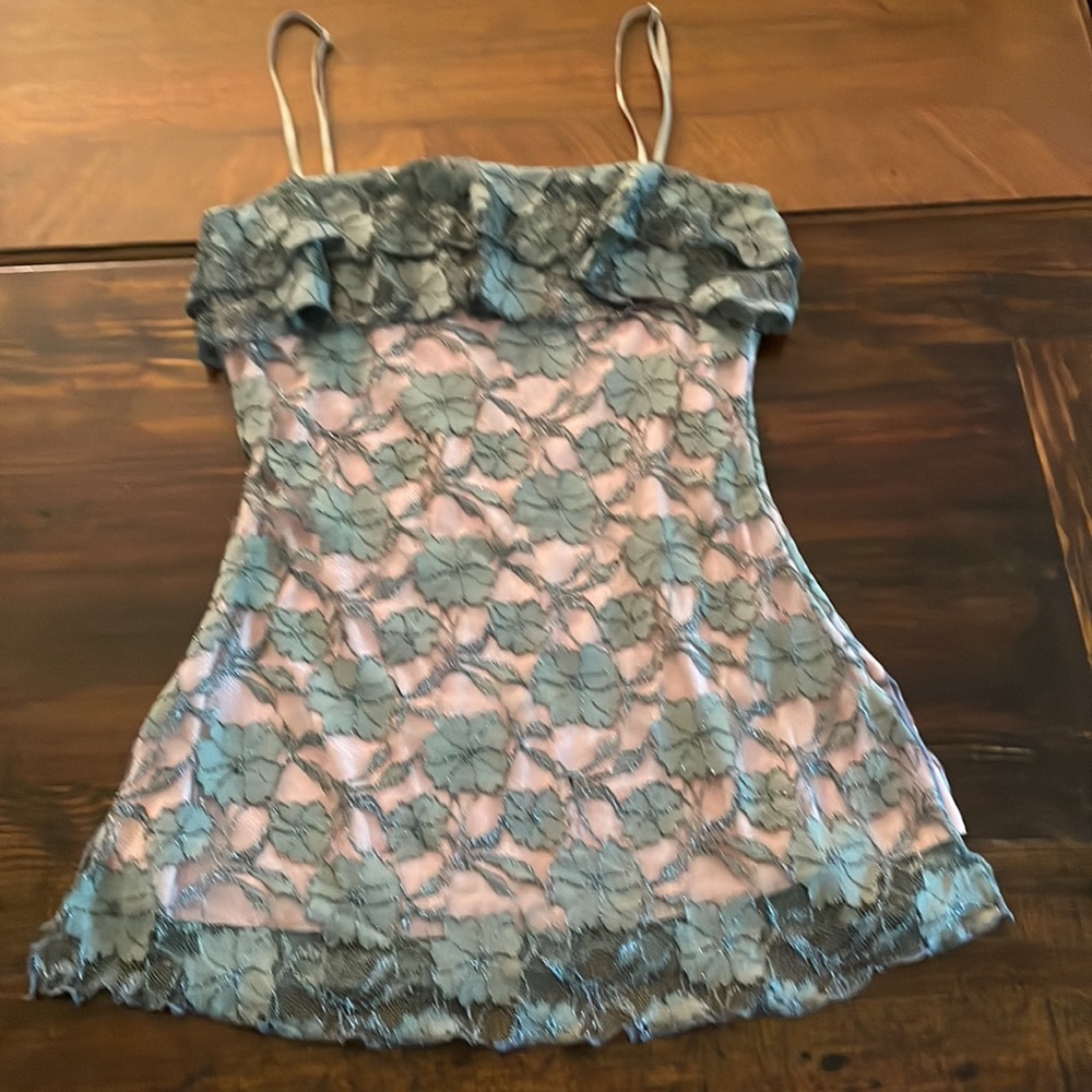 Gray Lace spaghetti strap top with pink stretch lining by MCM